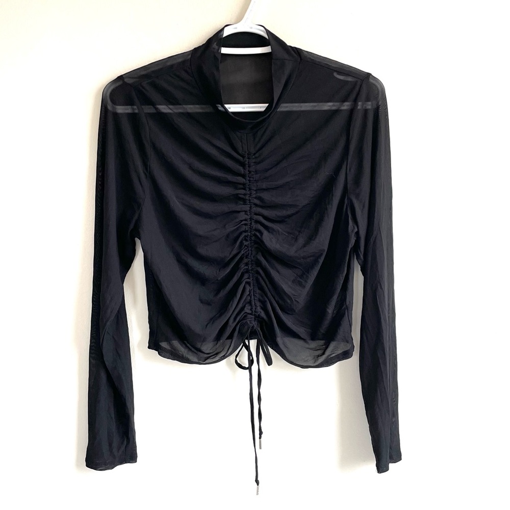 BLACK SHEER LONG SLEEVE TOP FRONT RUCHING ADJUSTABLE MOCK TURTLENECK